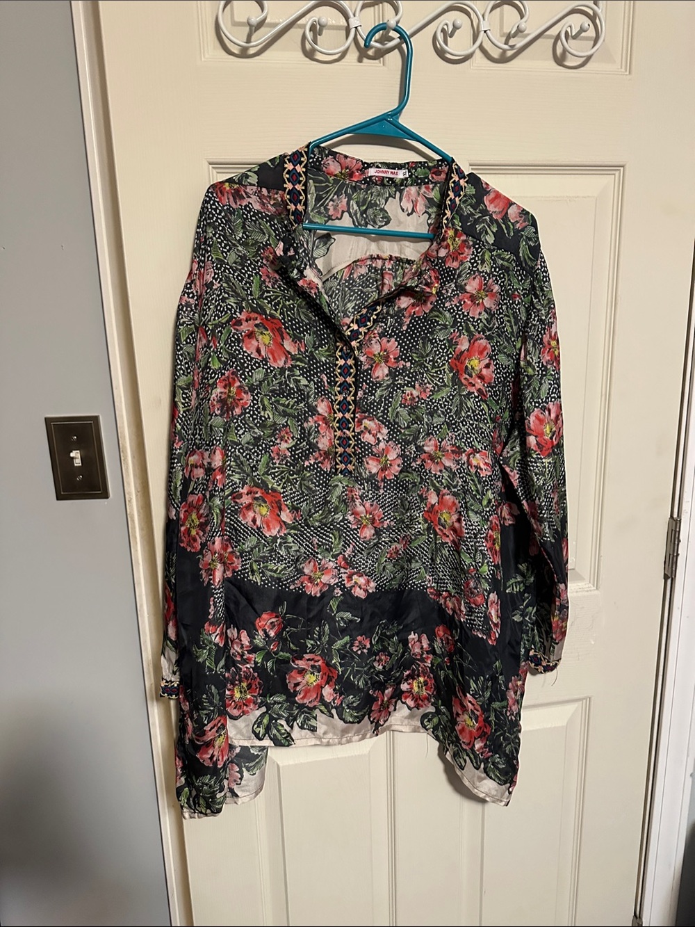 Johnny Was Navy Blouse with Pink & Green Floral Print
